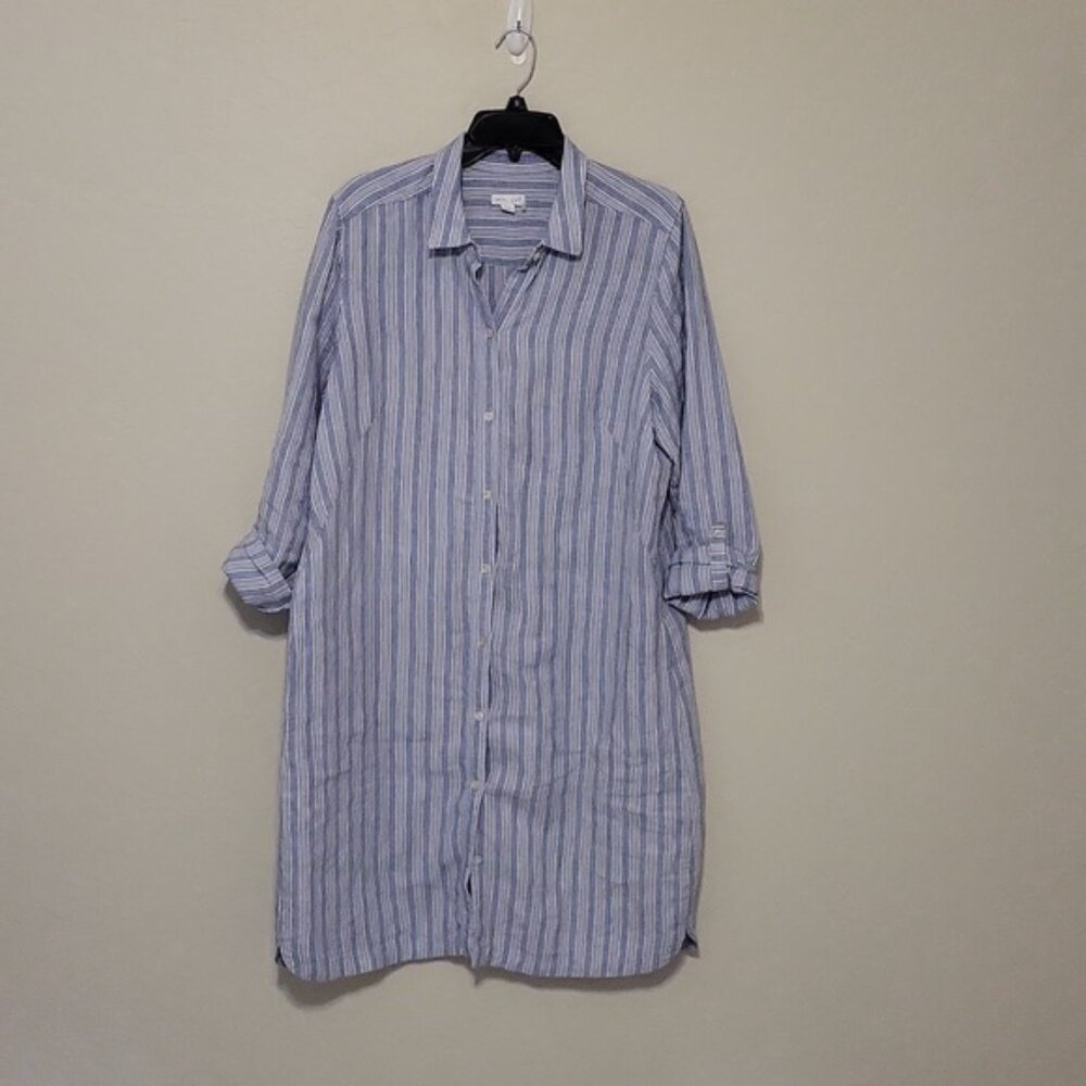 J. Jill Linen Front Button Shirt Dress Sleeves Roll up Small Collar Blue Size L
